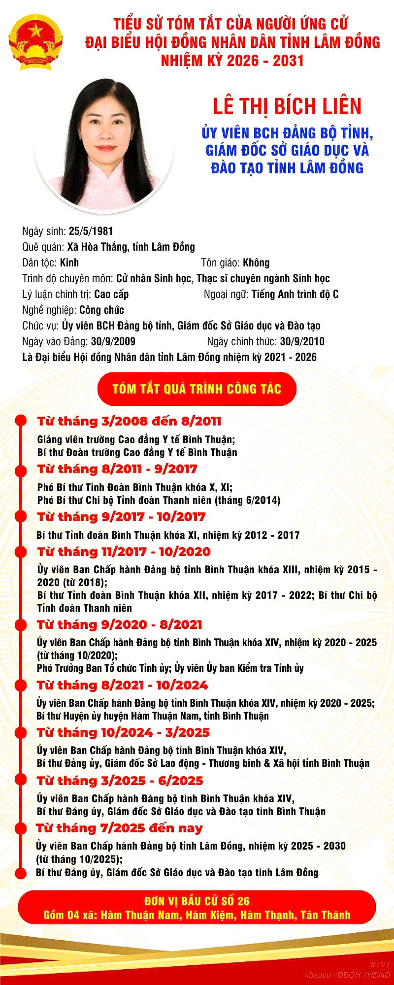 Tiểu sử tóm tắt của người ứng cử Đại biểu HĐND tỉnh Lâm Đồng nhiệm kỳ 2026 - 2031 của đồng chí Lê Thị Bích Liên, UVBCH Đảng bộ tỉnh, Giám đốc Sở GDĐT