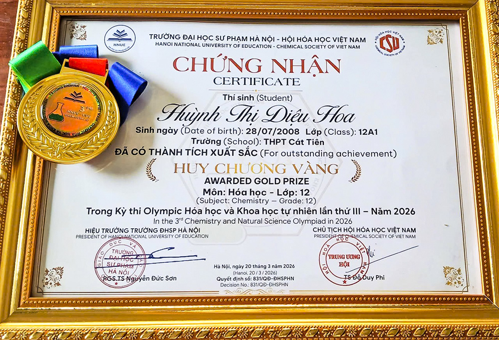  Học sinh Trường THPT Cát Tiên giành Huy chương Vàng Olympic Hóa học toàn quốc