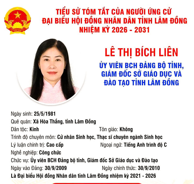 Tiểu sử tóm tắt của người ứng cử Đại biểu HĐND tỉnh Lâm Đồng nhiệm kỳ 2026 - 2031 của đồng chí Lê Thị Bích Liên, UVBCH Đảng bộ tỉnh, Giám đốc Sở GDĐT
