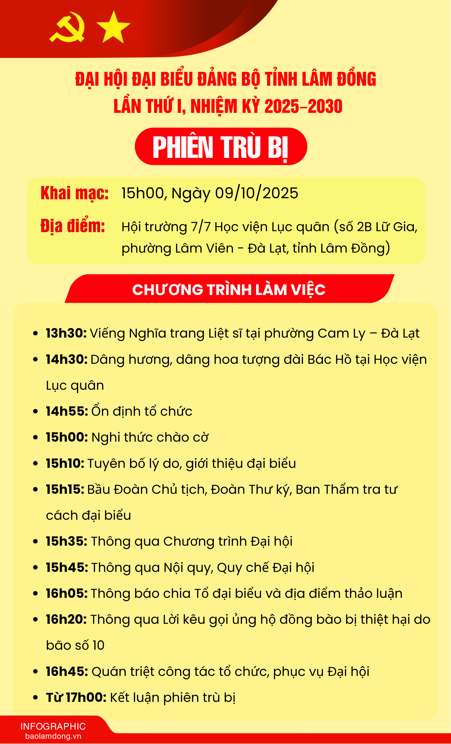 Chương trình làm việc từ ngày 9 - 11/10 Đại hội đại biểu Đảng bộ tỉnh Lâm Đồng lần thứ I