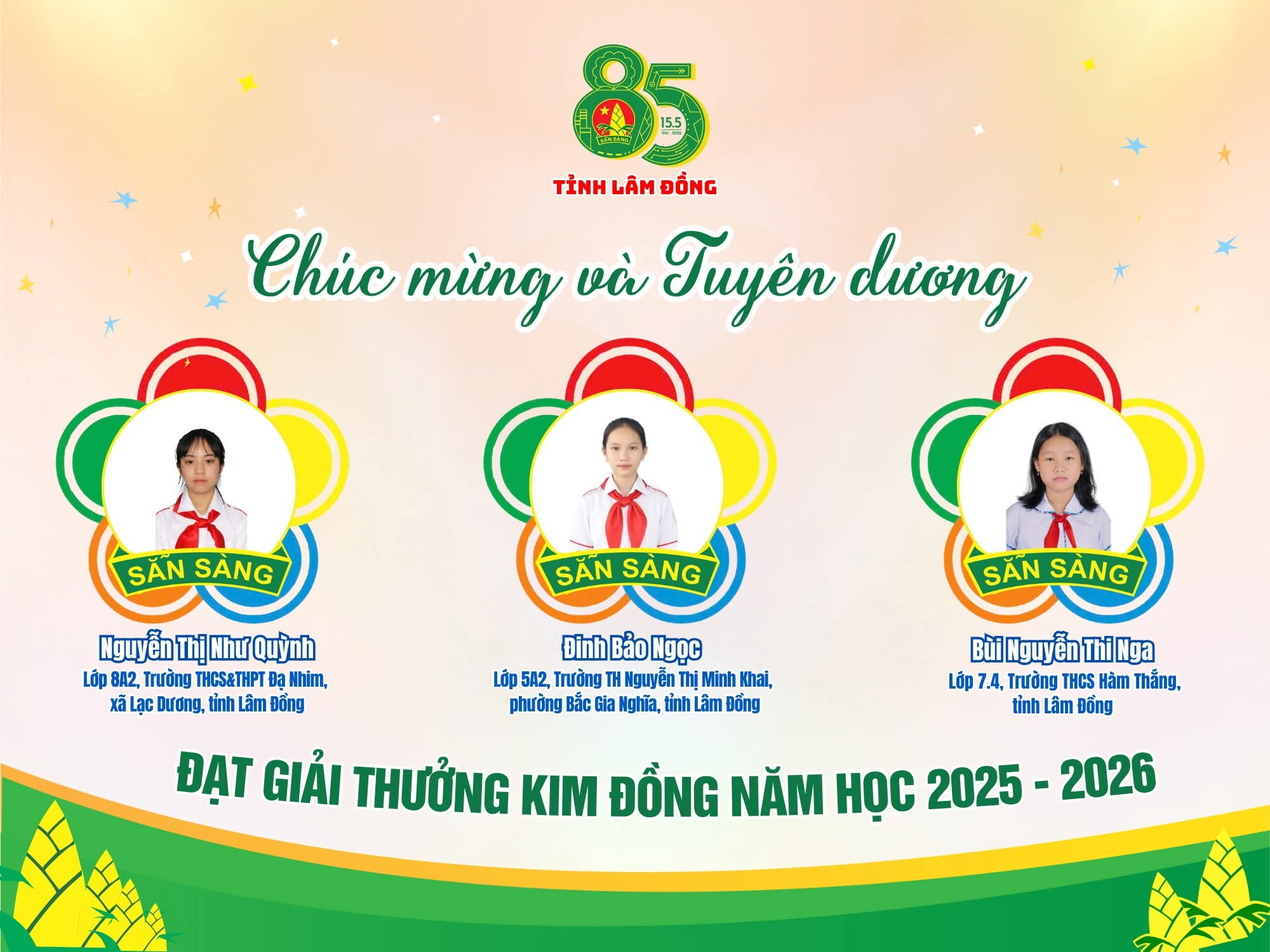 3 đội viên Lâm Đồng đạt Giải thưởng Kim Đồng năm học 2025 - 2026
