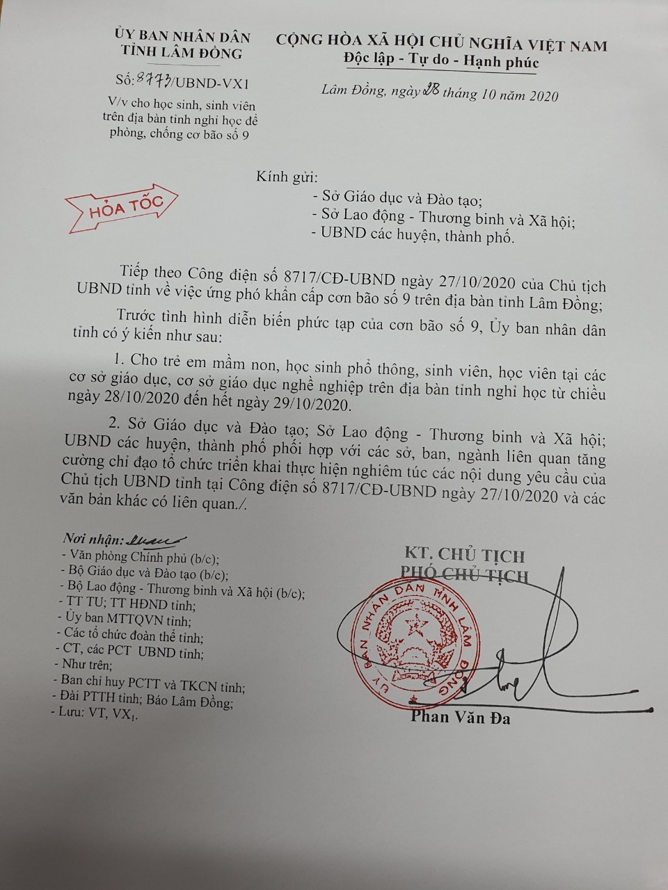 V/v cho học sinh, sinh viên trên địa bàn tỉnh nghỉ học để phòng chống bão số 9