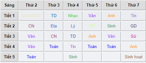 Thời khóa biểu lớp 6a2
